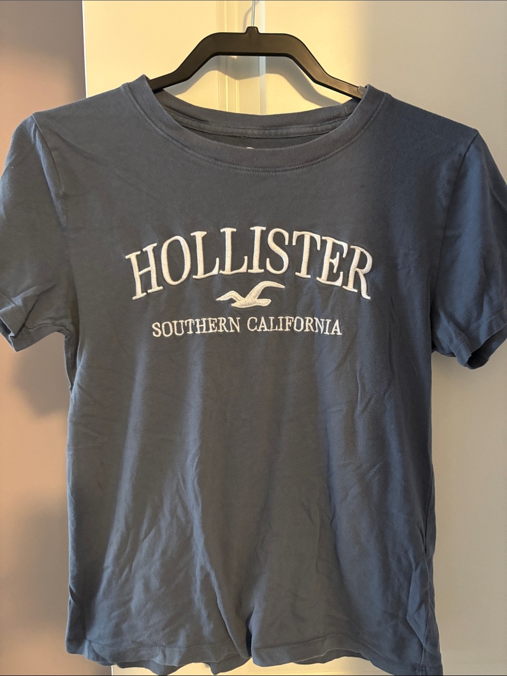 Hollister Navy Blue Short Sleeve Logo Tee with White Print